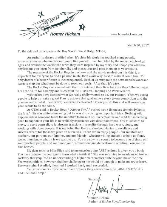 Homer Hickam's Letter to MT-64